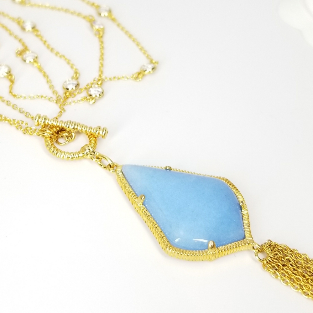 2 Ways Tassel Blue Agate CZ Necklace NWT - Picture 5 of 10
